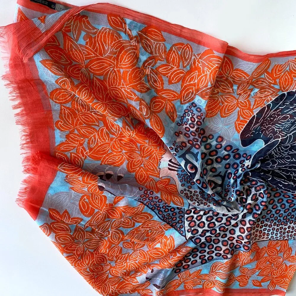 Inouitoosh Cotton and Silk Wing Cheetah Orange Blue Scarf 78"x38" - Picture 6 of 8